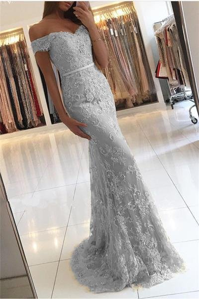 off the shoulder mermaid lace gray prom dress,beautiful evening gowns,formal dress dm579 off the shoulder mermaid lace gray prom dress,beautiful evening gowns,formal dress dm579