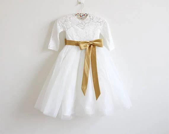 long sleeves light ivory lace tulle flower girl dress with silver sash dm206 long sleeves light ivory lace tulle flower girl dress with silver sash dm206