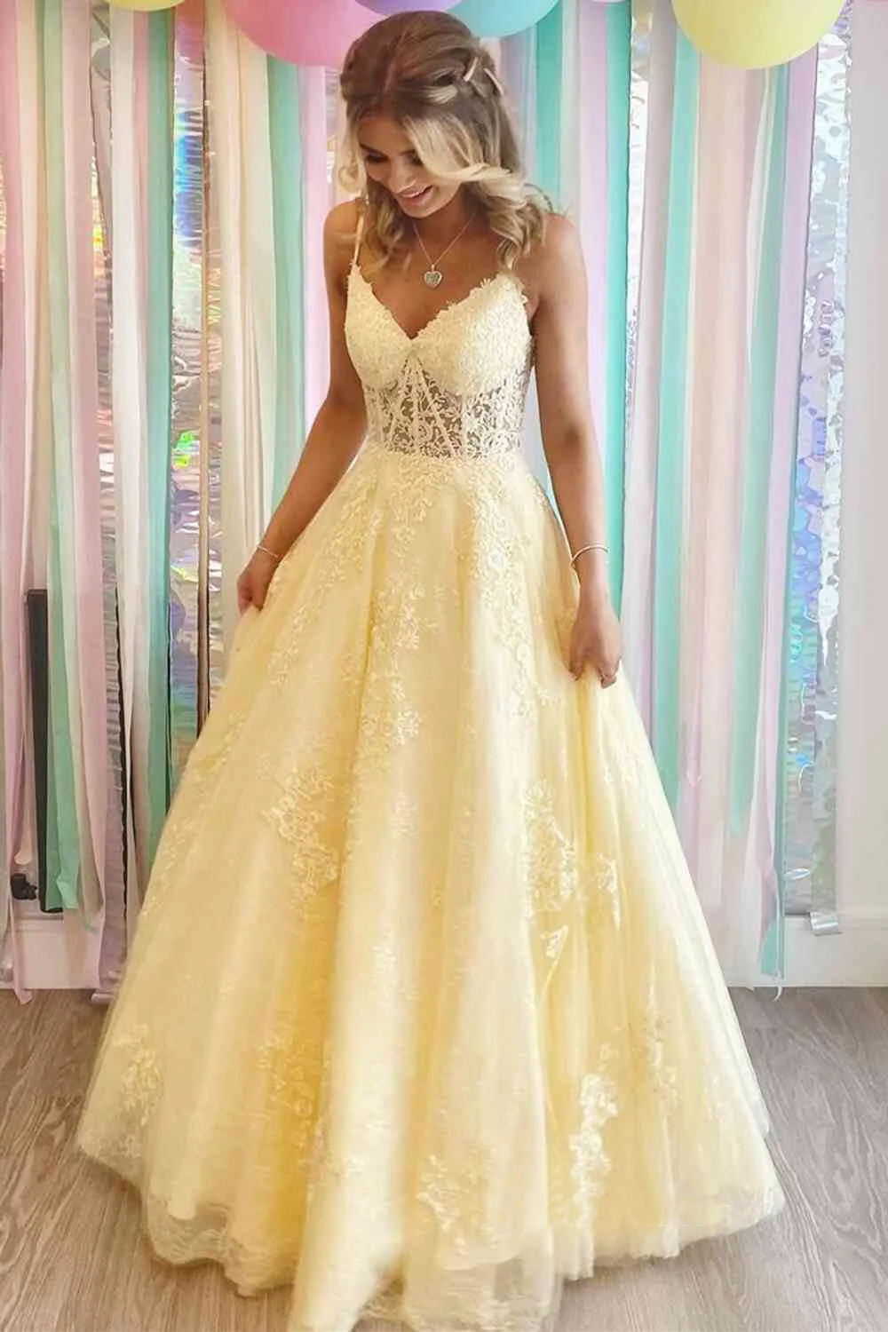 yellow lace appliques a line tulle prom dresses spaghetti strap formal gown dm1971 yellow lace appliques a line tulle prom dresses spaghetti strap formal gown dm1971