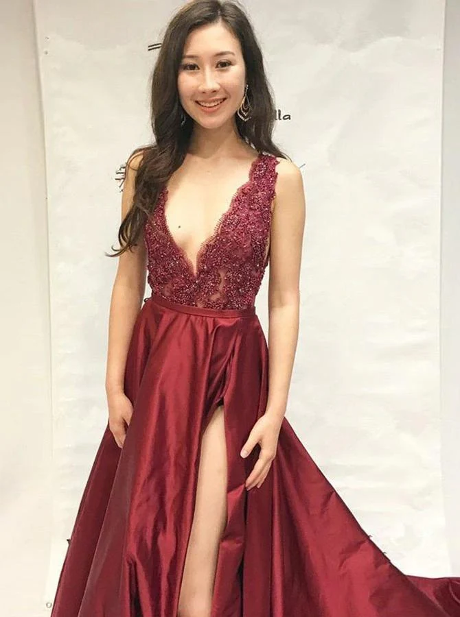 sexy burgundy beaded slit skirt evening dress, graduation school party gown dmi86 sexy burgundy beaded slit skirt evening dress, graduation school party gown dmi86