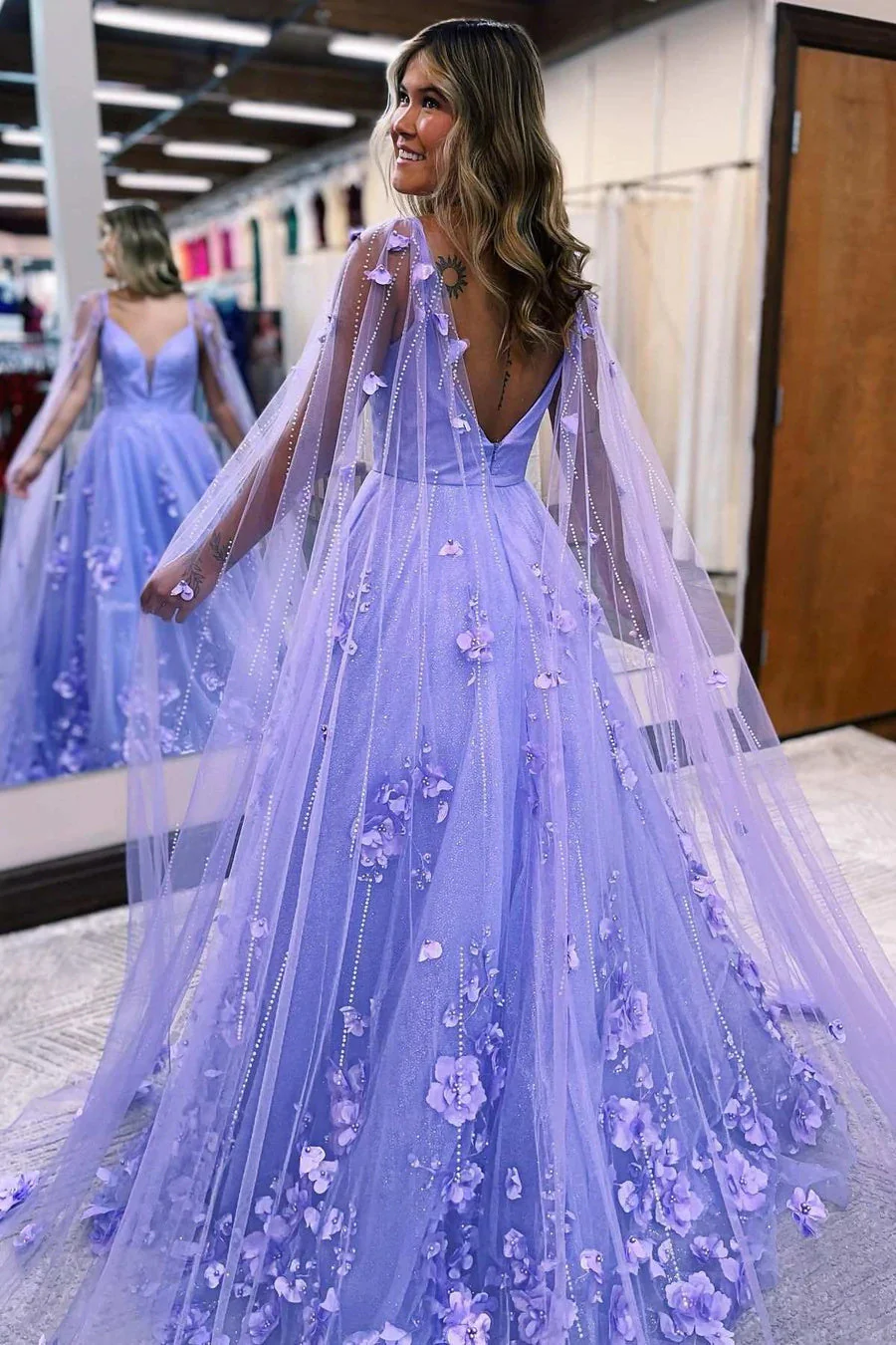 lavender 3d floral lace plunge v a line prom dress with cape sleeves formal evening dress dm1899 lavender 3d floral lace plunge v a line prom dress with cape sleeves formal evening dress dm1899