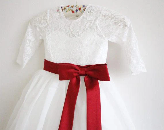 long sleeves ivory burgundy sash bows lace tulle flower girl dress dm211 long sleeves ivory burgundy sash bows lace tulle flower girl dress dm211