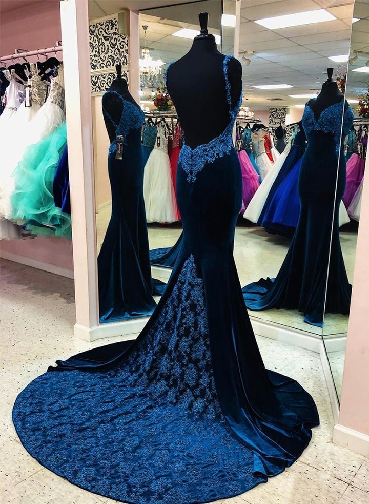 blue velvet lace long mermaid prom dresses backless spaghetti straps formal gown dmp080 blue velvet lace long mermaid prom dresses backless spaghetti straps formal gown dmp080