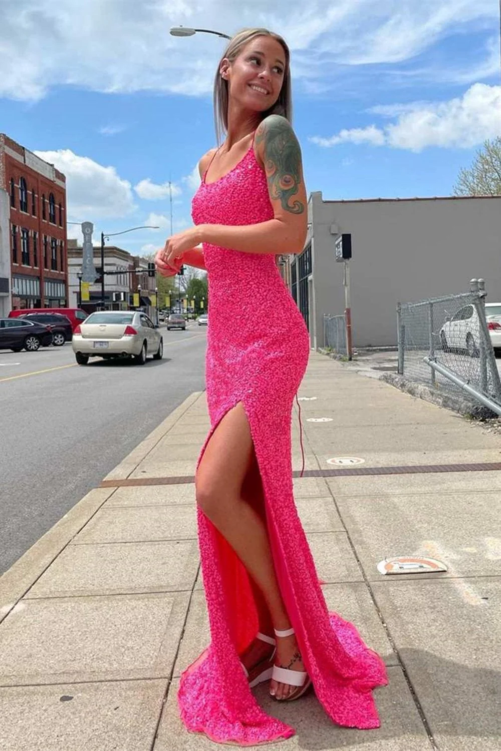 glitter hot pink mermaid sparkly prom dresses with slit, long evening dresses dmp105 glitter hot pink mermaid sparkly prom dresses with slit, long evening dresses dmp105