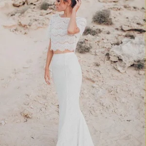 Wedding Dresses import placeholder for two piece crew short sleeves white lace 160220023