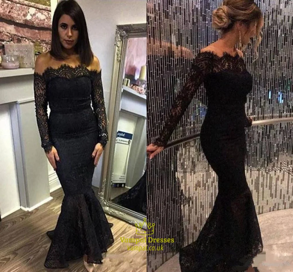 mermaid black elegant off the shoulder long lace long sleeves sexy prom dress dm141 mermaid black elegant off the shoulder long lace long sleeves sexy prom dress dm141
