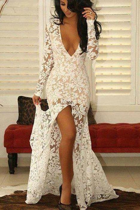 fashion mermaid deep v neck long sleeves split front ivory lace prom dress dm755 fashion mermaid deep v neck long sleeves split front ivory lace prom dress dm755