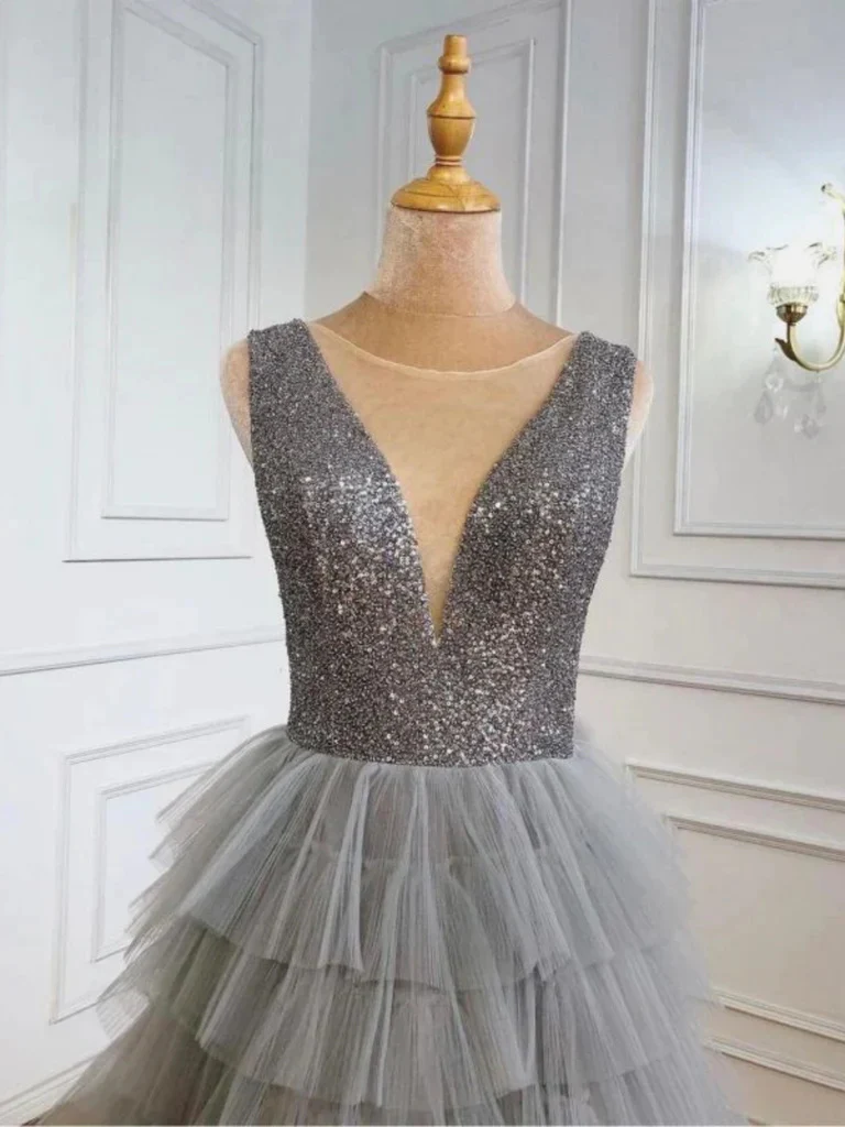 v neck layered gray sequins long prom dresses, a line tulle formal evening dresses dmp334 v neck layered gray sequins long prom dresses, a line tulle formal evening dresses dmp334
