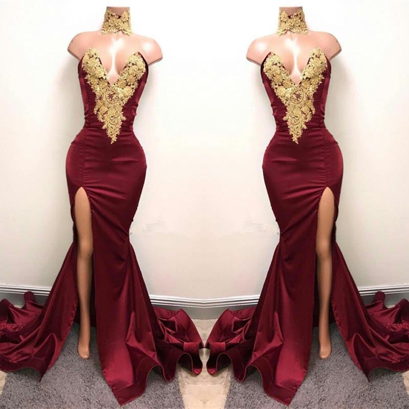 elegant burgundy mermaid appliques high neck split sexy prom dress dma83 elegant burgundy mermaid appliques high neck split sexy prom dress dma83