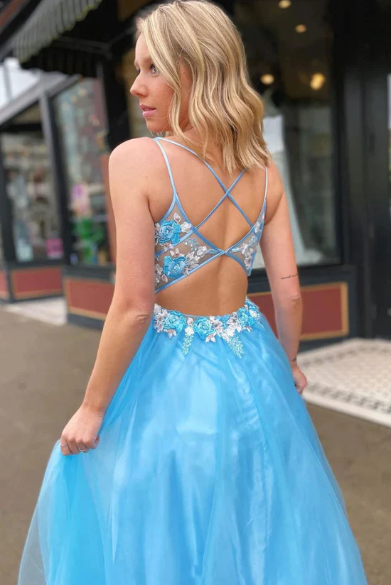 blue v neck tulle lace appliques long prom dress formal evening dress dmp281 blue v neck tulle lace appliques long prom dress formal evening dress dmp281