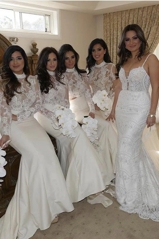 elegant mermaid high neck ivory long sleeves stain bridesmaid dress with lace dm655 elegant mermaid high neck ivory long sleeves stain bridesmaid dress with lace dm655