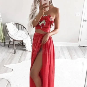 import placeholder for two piece strapless floor length red chi 160220501