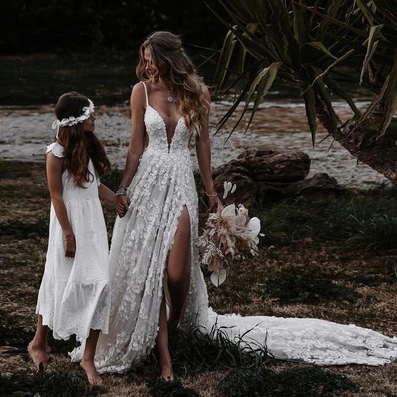 boho deep v neck a line lace wedding dresses with slit, spaghetti straps bridal gowns dmw13 boho deep v neck a line lace wedding dresses with slit, spaghetti straps bridal gowns dmw13