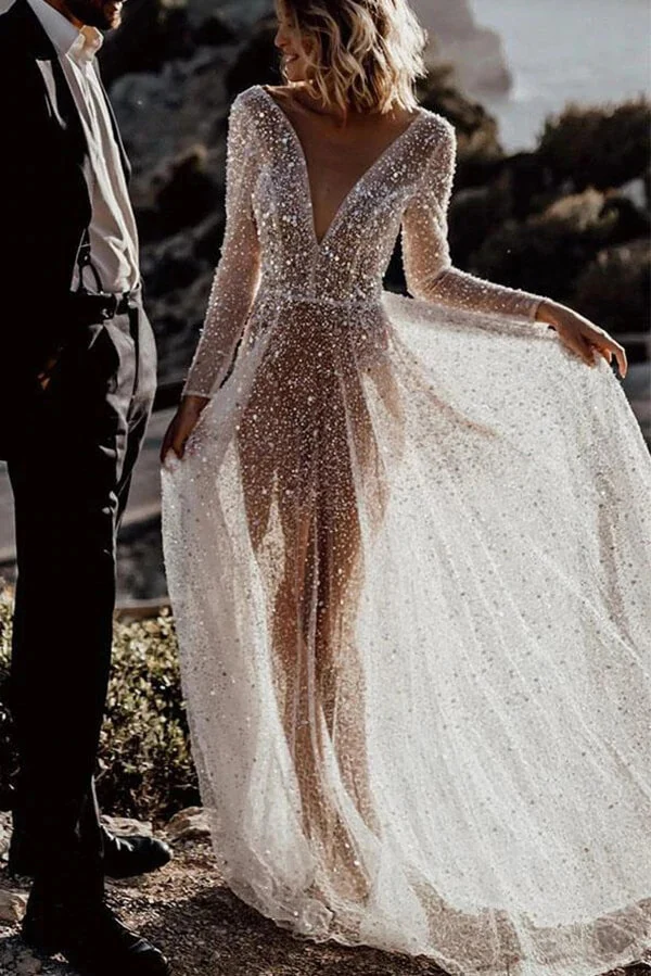 sparkly a line see through deep v neck long sleeves wedding dresses dmw30 sparkly a line see through deep v neck long sleeves wedding dresses dmw30