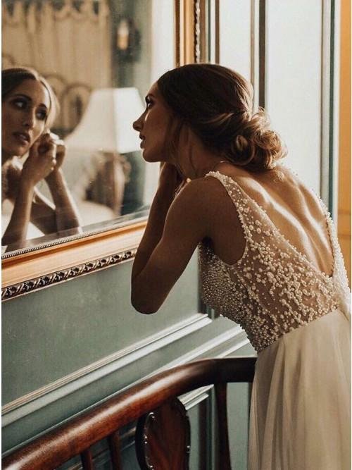 a line v neck backless sweep train tulle sexy wedding dress with pearls dms37 a line v neck backless sweep train tulle sexy wedding dress with pearls dms37